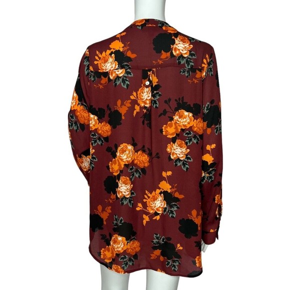 ModCloth Popover Blouse Red Orange Floral Long Sleeve Half Button - Picture 3 of 6